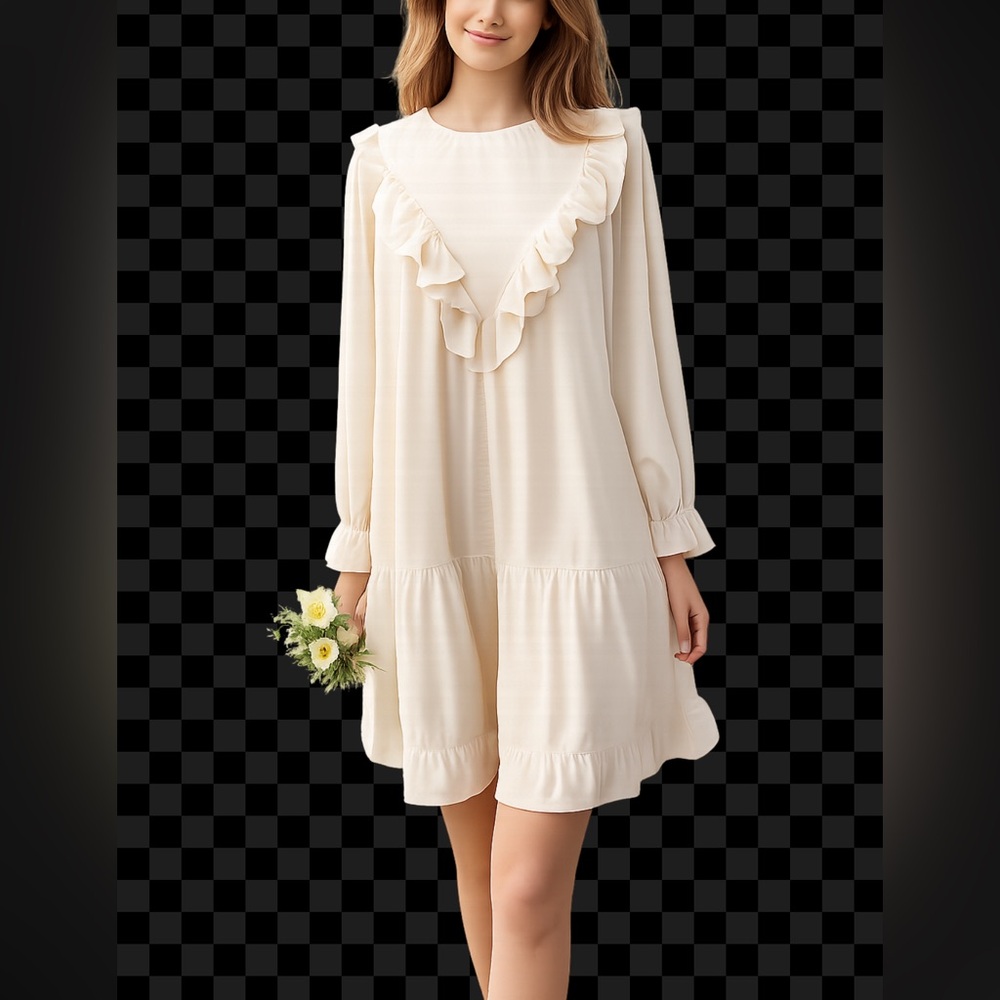 Pinch Ivory S Small Blouson BabyDoll Ruffled Peasant Dress Silky Long Sleeve